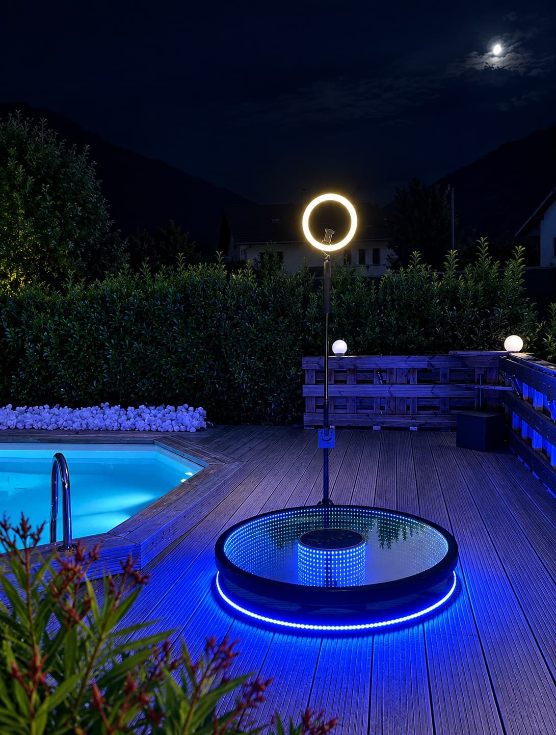 Selfie 360 illuminé en soirée au bord d'une piscine